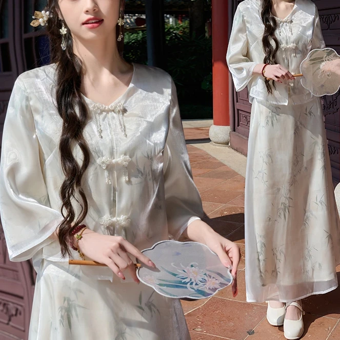 830陆新中式古典V领印花七分袖斜襟盘扣复古国风改良半身裙女套装