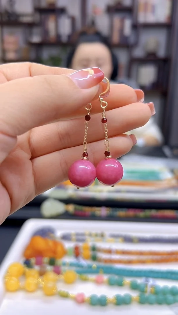 【闪购商品】菱锰矿（红纹石）耳坠14K金镶嵌E613