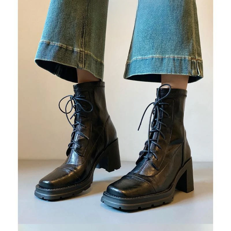 牛皮版~系带高跟马丁靴增高7Cm冬天瘦瘦靴子英伦风酷飒软面短靴女