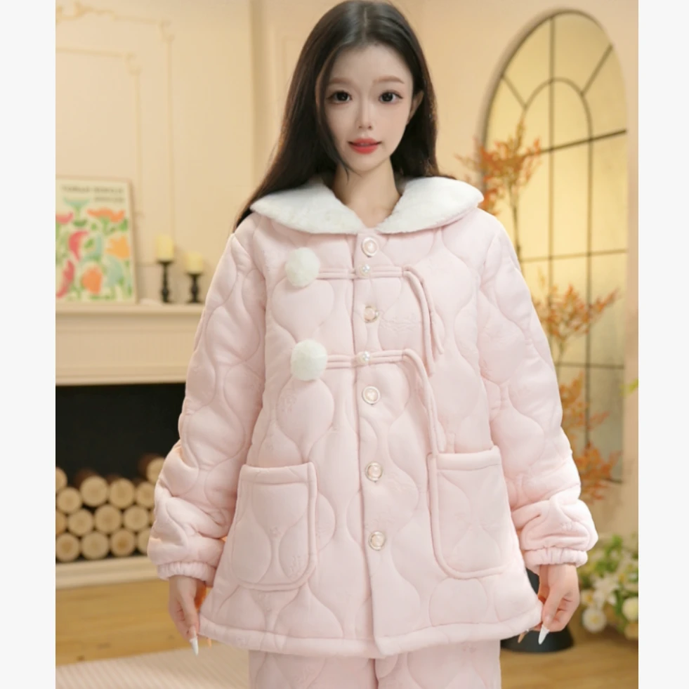 H冬季新款长袖加绒厚款家居服高颜值柔软睡衣套装