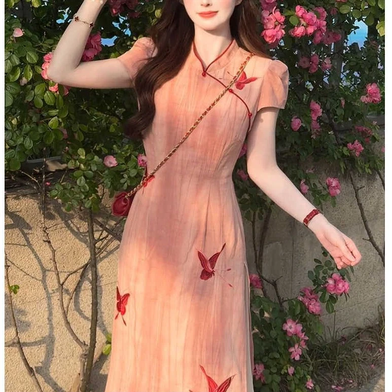 新中式国风粉色改良旗袍连衣裙女夏2025新款小个子高级感连衣裙女