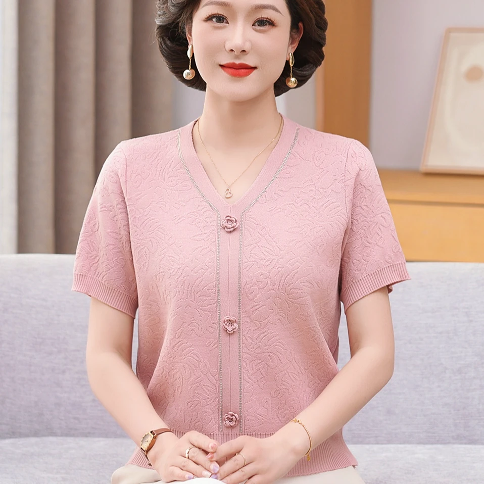 年轻妈妈夏装冰丝短袖T恤小衫2025新款中老年女洋气减龄针织上衣
