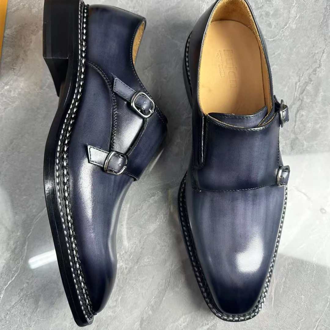 【Bujan】双排孟克手工擦色木色蓝牛津系带正装商务挪威四线真皮底