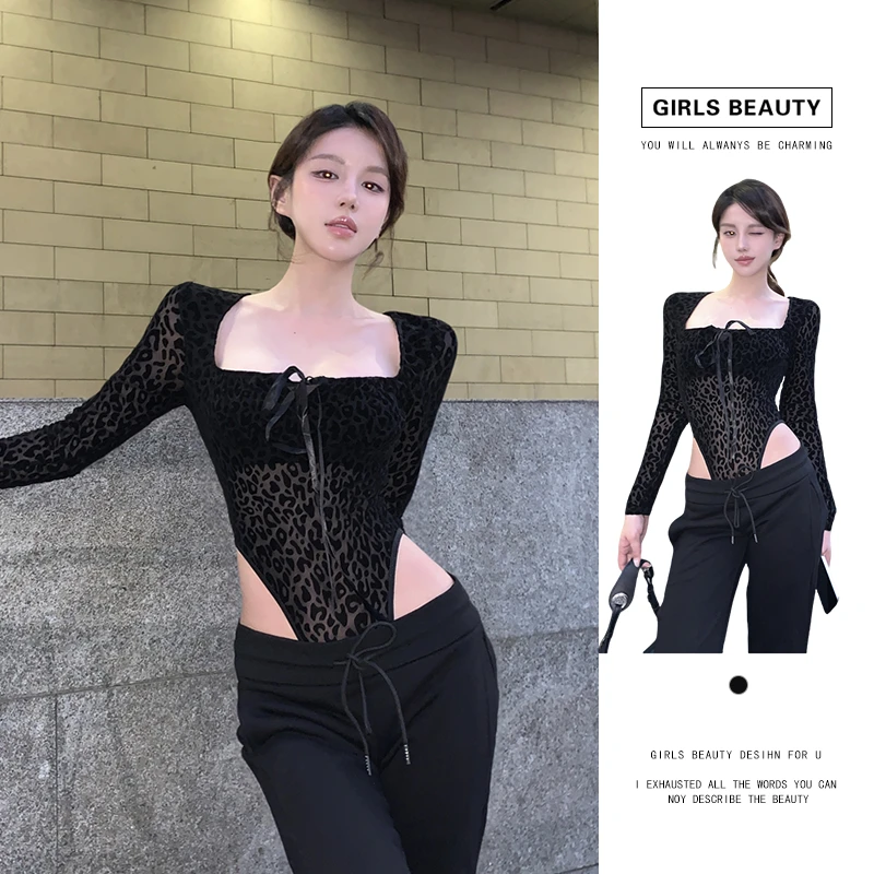 GIRLS BEAUTY丨辣妹风豹纹方领连体衣女紧身显瘦绑带小众秋季内搭