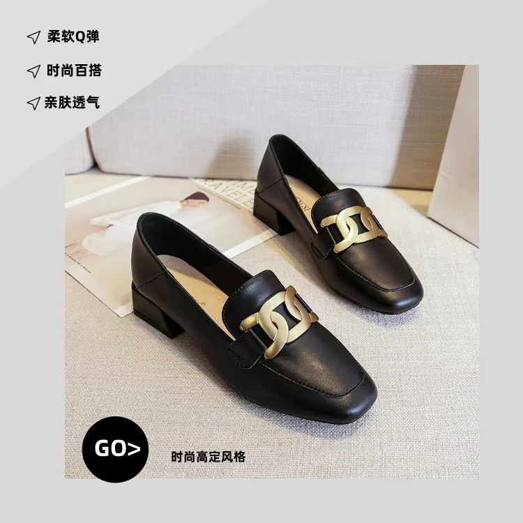 2025春秋新款软底粗跟浅口低跟上班穿鞋黑色乐福单鞋女时尚百搭