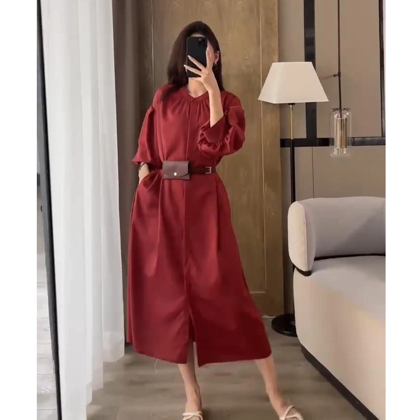 2025春夏宽松收腰显瘦红色连衣裙女高冷气质御姐风高级感系带裙子