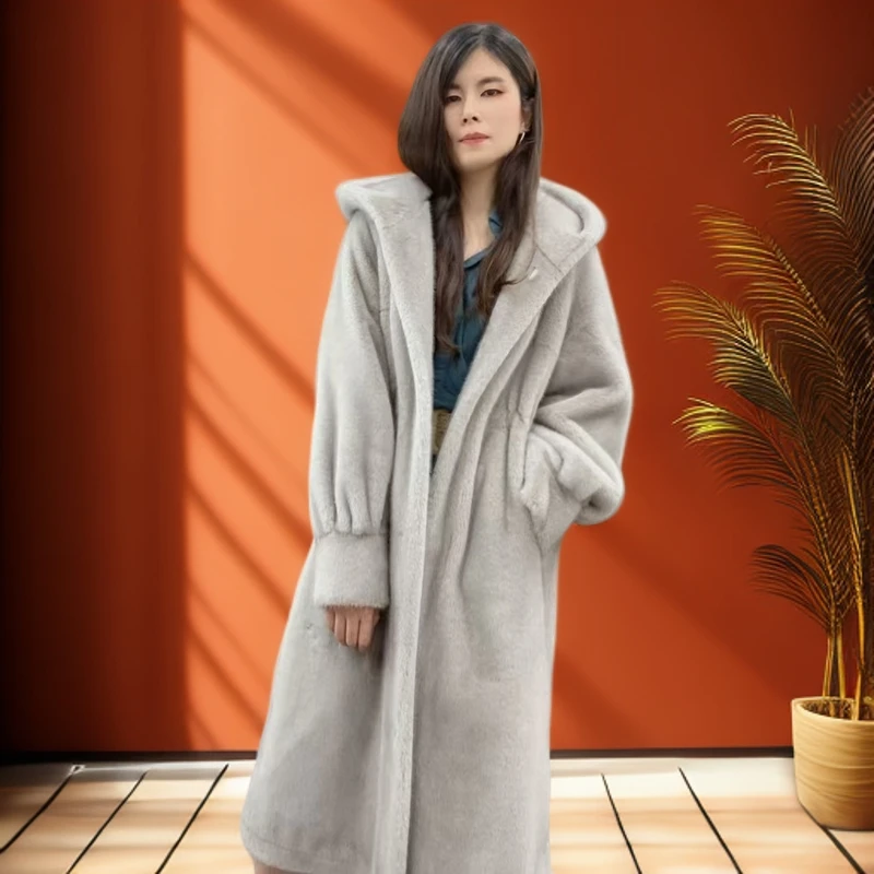 新款连帽貂绒过膝长款外套大码女款时尚气质百搭宽松带帽冬季大衣