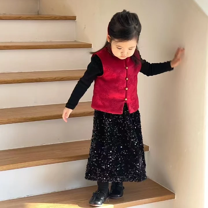 壹妈童装女童过年穿搭新年服唐装秋冬儿童新中式红色夹棉马甲汉服