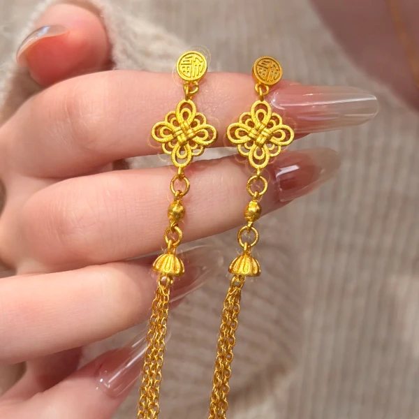 铜合金耳饰 新中式国风福字如意结耳环女精致百搭不掉色流苏耳饰