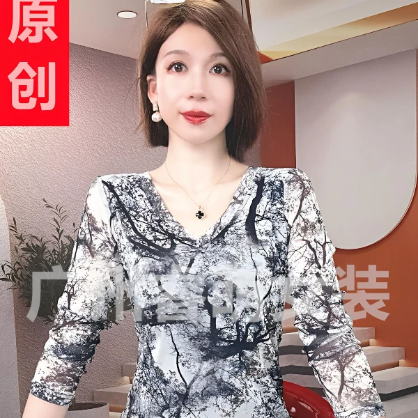 高档正品网纱印花T恤女装秋季2025夏弹力修身上衣长袖潮套头小衫
