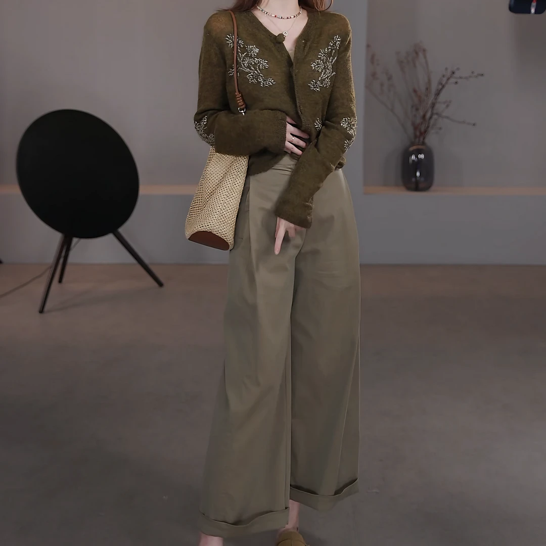 早秋2025年新款小众开衫毛衣外套+高腰显瘦休闲裤两件套LK2505769