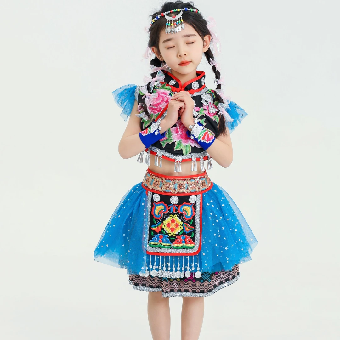 2025新款儿童广西三月三民族服装女童壮服装壮族衣服苗族演出服饰