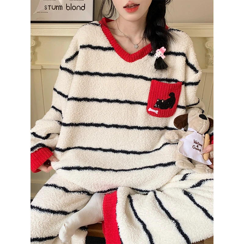 半边绒条纹睡衣女冬季长袖加厚保暖ins风爆款可爱猫咪家居服套装