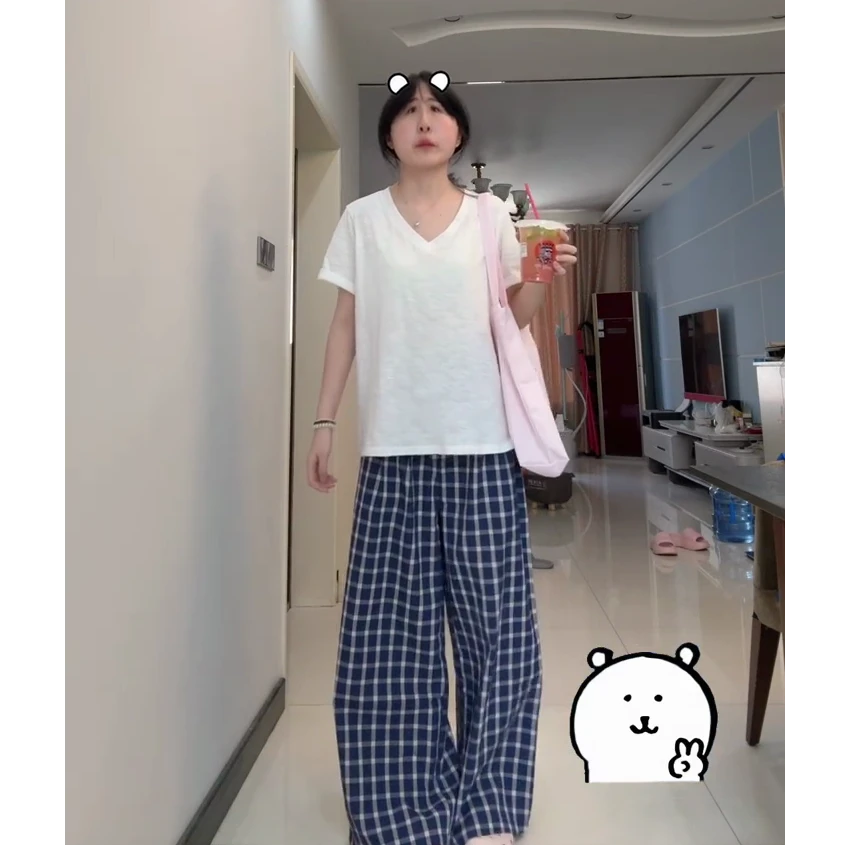 简约休闲时尚两件套装女装夏季新款V领短袖T恤格子裤穿搭一整套潮