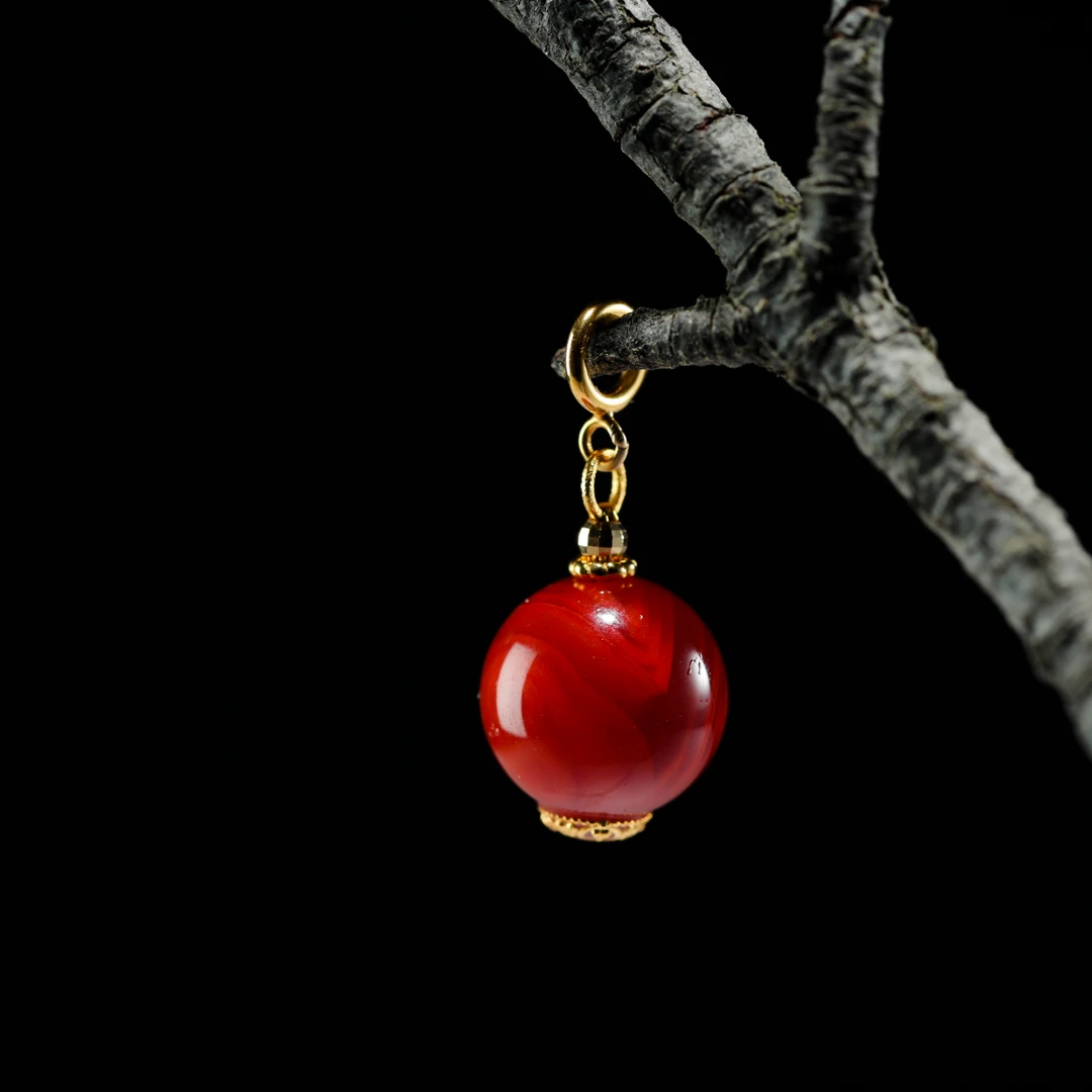 【意婵】《红豆》原矿牛血红南红火焰纹转运珠吊坠18K金-909881