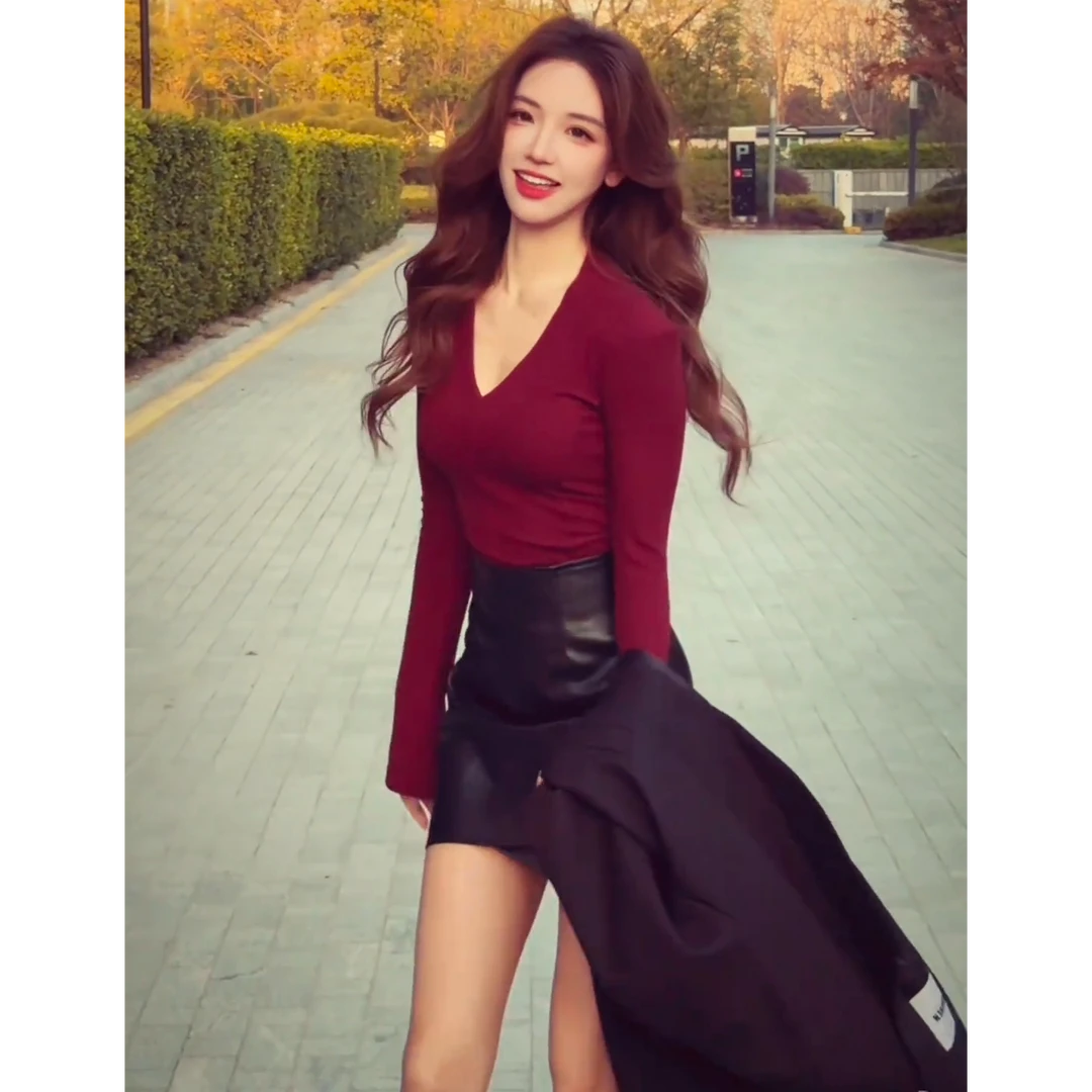 2025新款韩版纯欲性感气质v领修身长袖显瘦包臀短裙两件套
