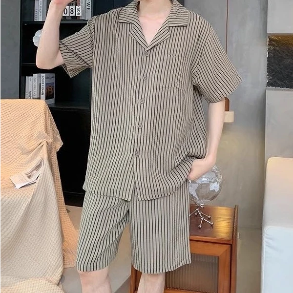 新款睡衣男士夏季短袖短裤云朵棉条纹男款可外穿家居服套装夏天