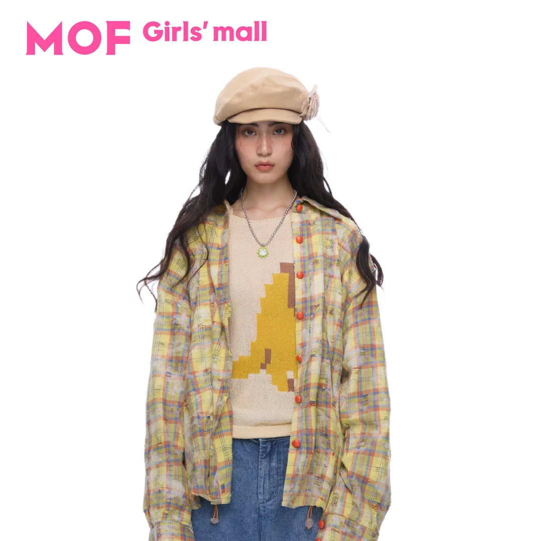 MOF少女百货 周深同款抽绳长袖外套男女同款 宽松慵懒风黄格衬衫