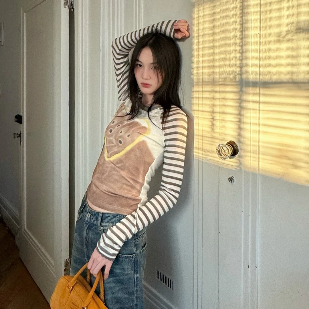 FORDARE设计师品牌25春装 爱心小熊 条纹长袖 T恤