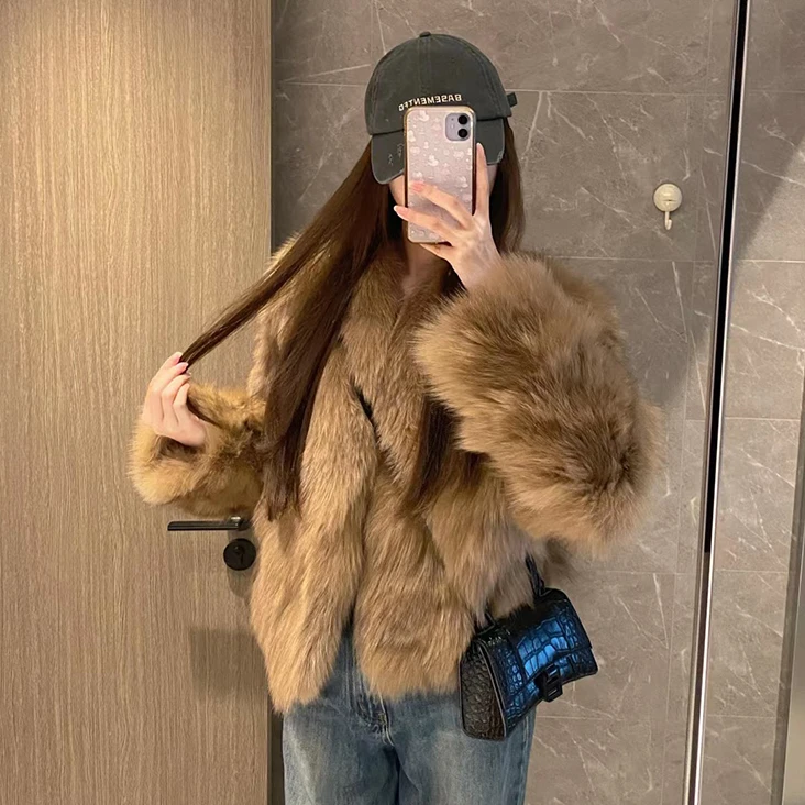 瑞秋【霜华映月】进口整皮整腹毛晕染霜色V领短款狐狸毛皮草外套女