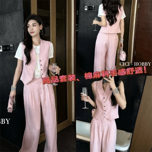 【巴韩】玲姐家2117时尚韩版洋气法式老钱马甲＋高腰阔腿裤两件套装