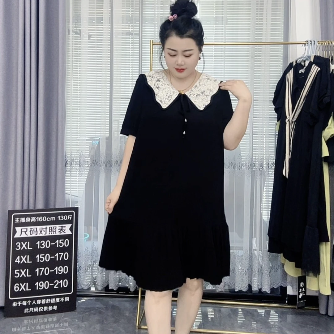 2025夏季清凉时尚减龄宽松大码连衣裙娃娃领短袖显瘦百褶裙中长款
