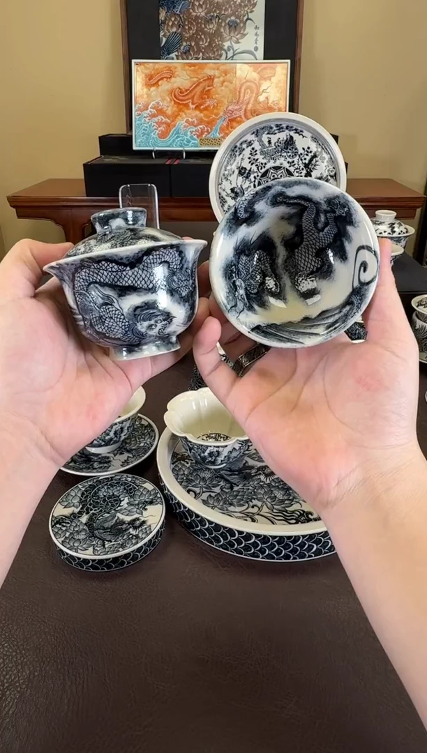 山**言二号釉水墨六龙盖碗+压手杯