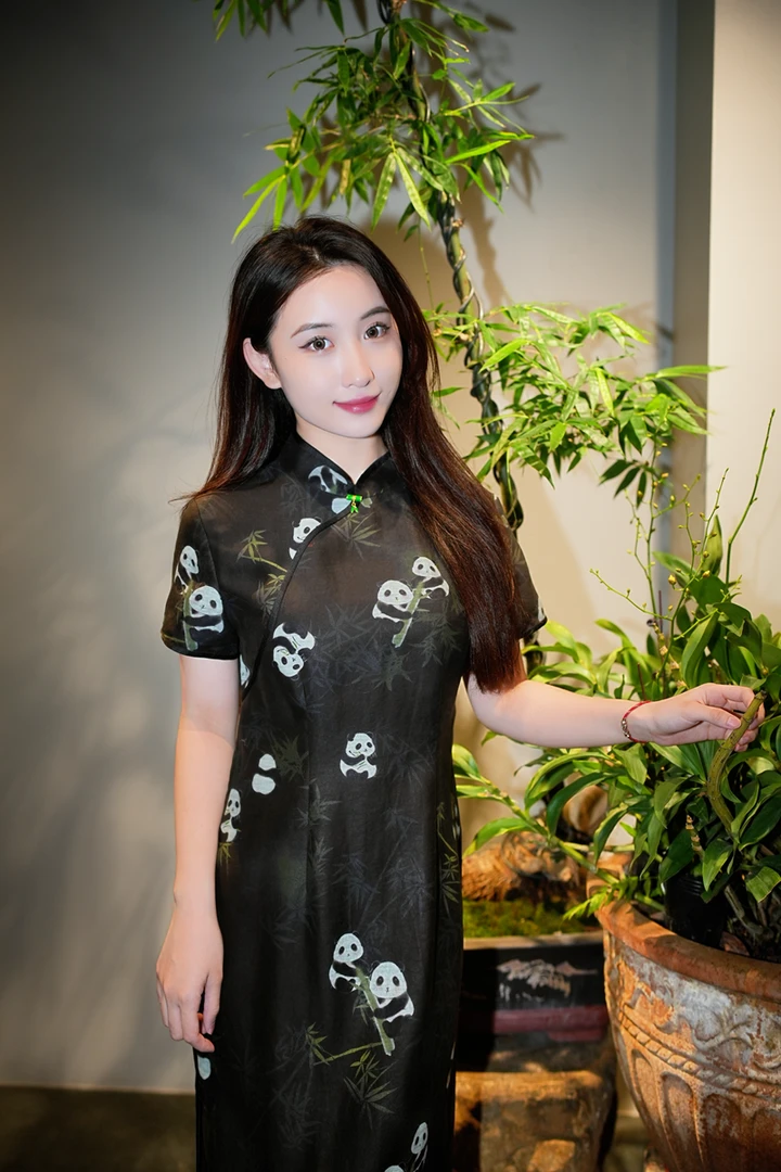 蓝大【婉仪】6451香云纱桑蚕丝连衣裙气质黑色复古重磅中式印花