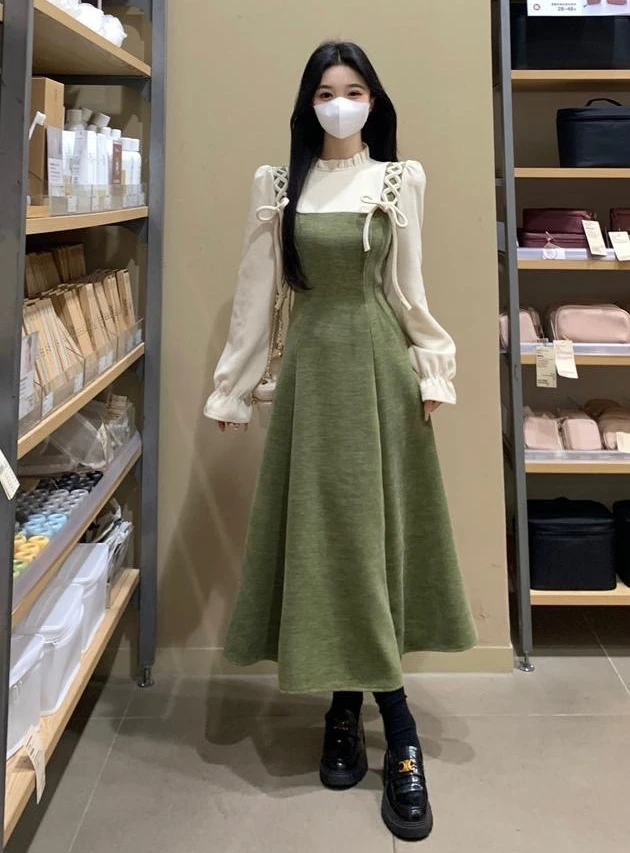 390-2#冬季新款温柔气质长袖拼接收腰假两件超仙连衣裙