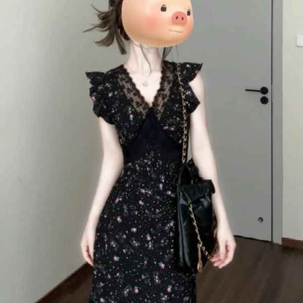 法式黑色碎花连衣裙子女夏季2025新款赫本风爆款气质独特别致长裙