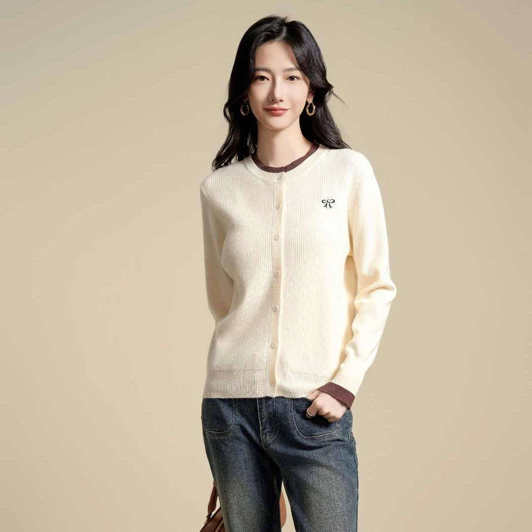 马克华菲女装秋季时尚简约撞色拼接设计小香风休闲百搭针织衫毛衣