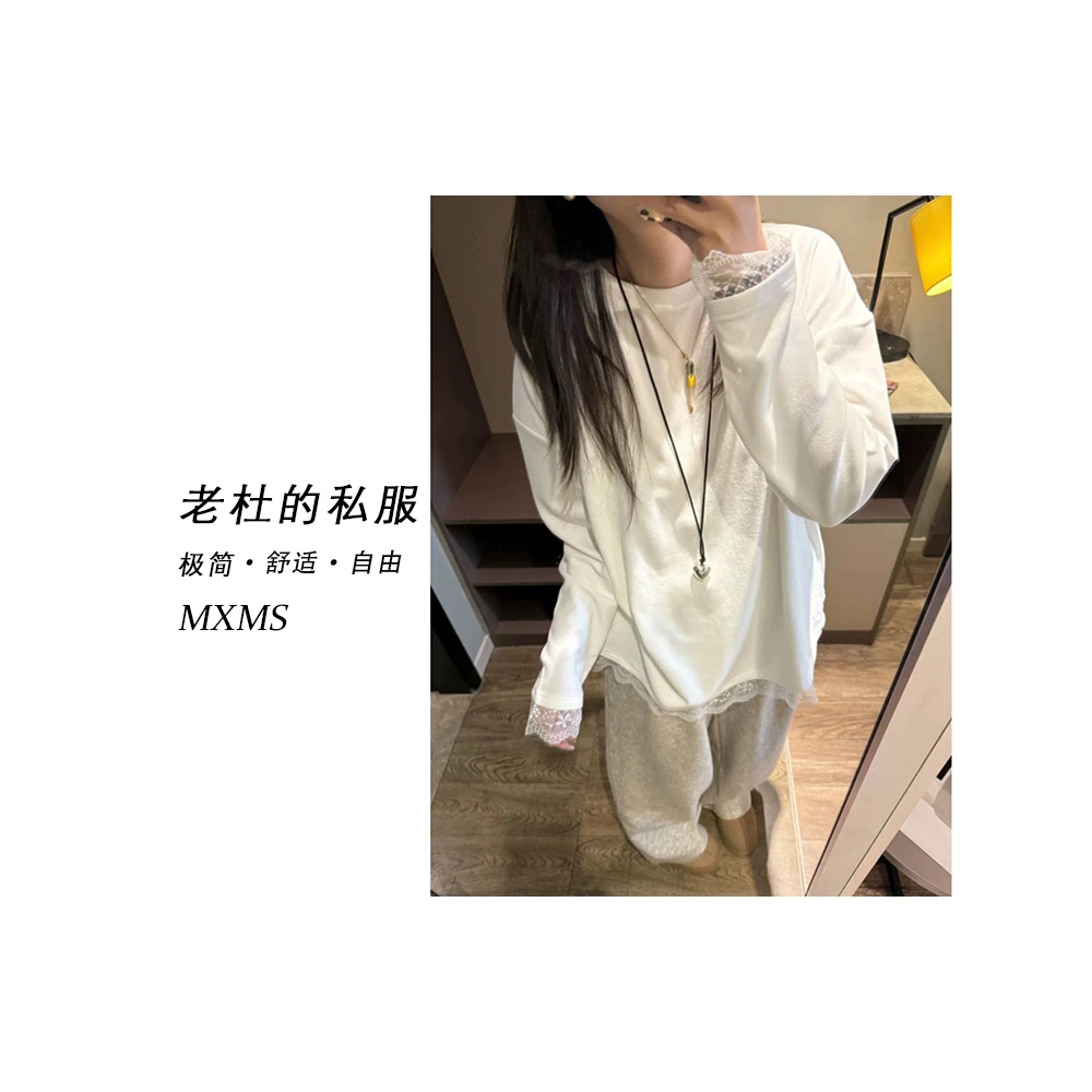 （麦欢尼）LD24798-休闲简约时尚运动底摆蕾丝拼接加厚宽松打底衫