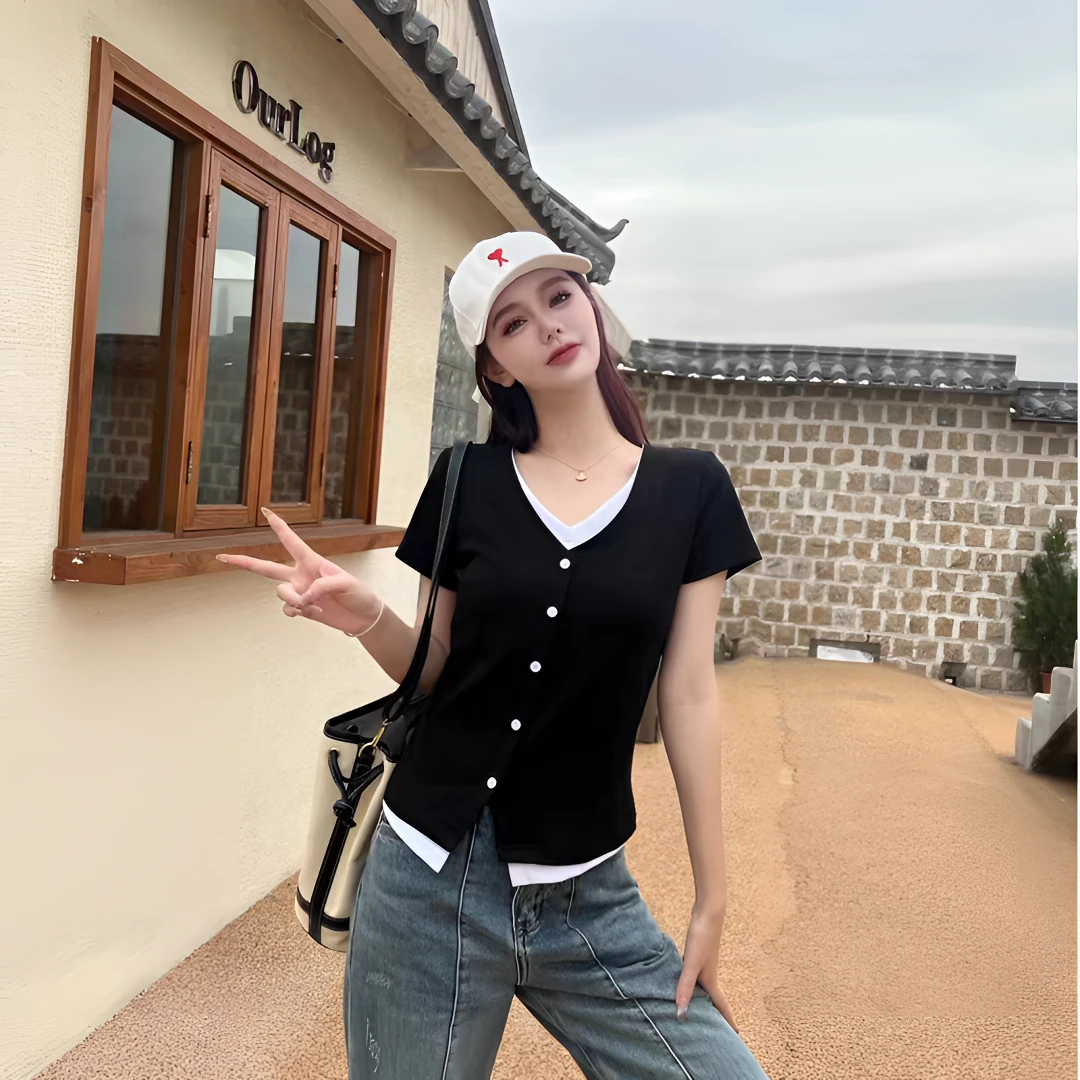 假两件棉料短袖修身型通勤显瘦V领女士T恤高腰短款韩版时尚夏款