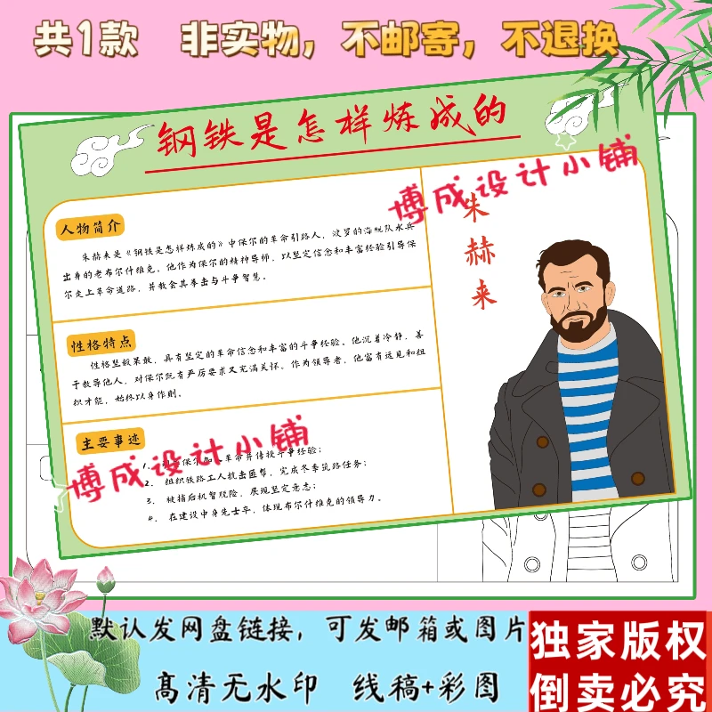17-64钢铁是怎样炼成的朱赫来人物名片手抄报线稿主要人物介绍卡