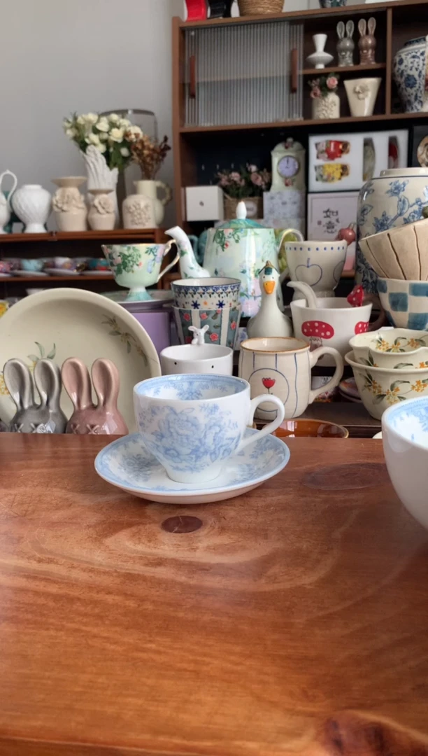 陶瓷蓝色牡丹花杯碟  【送勺】