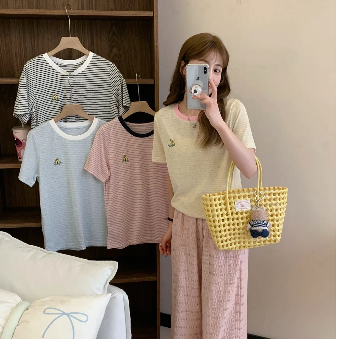 韩版简约刺绣条纹短袖T恤显瘦针织时尚休闲736