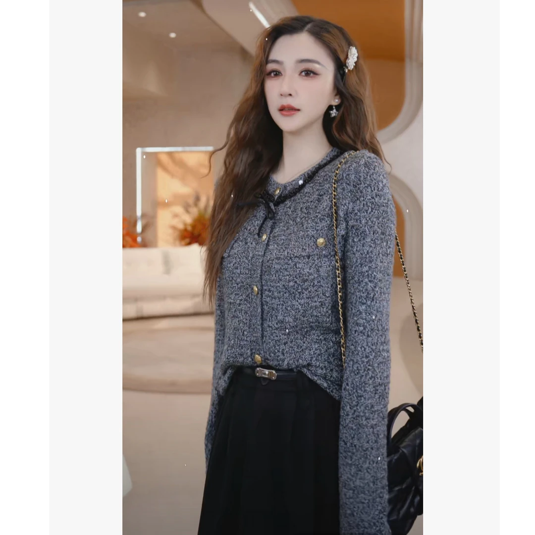 COCO BECCI【雪夜千金】绵羊毛小香风花纱蝴蝶结针织衫CFJJD231313