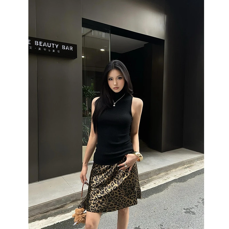 夏季新款松紧腰修身包臀a字短裙复古时尚鎏金烫金豹纹半身裙女