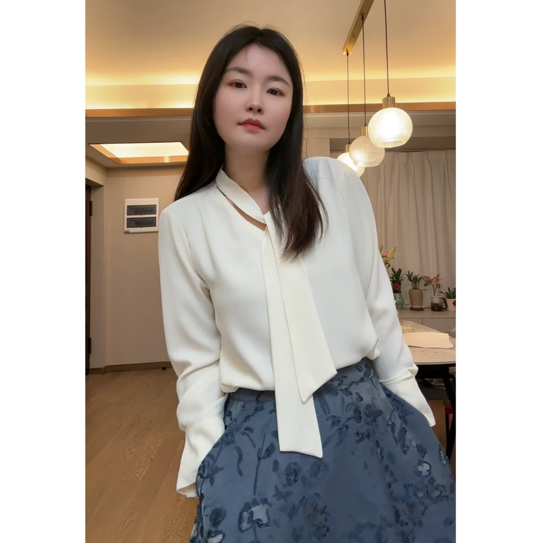 1 定制仿重磅真丝质感面料法式飘带衬衫百搭