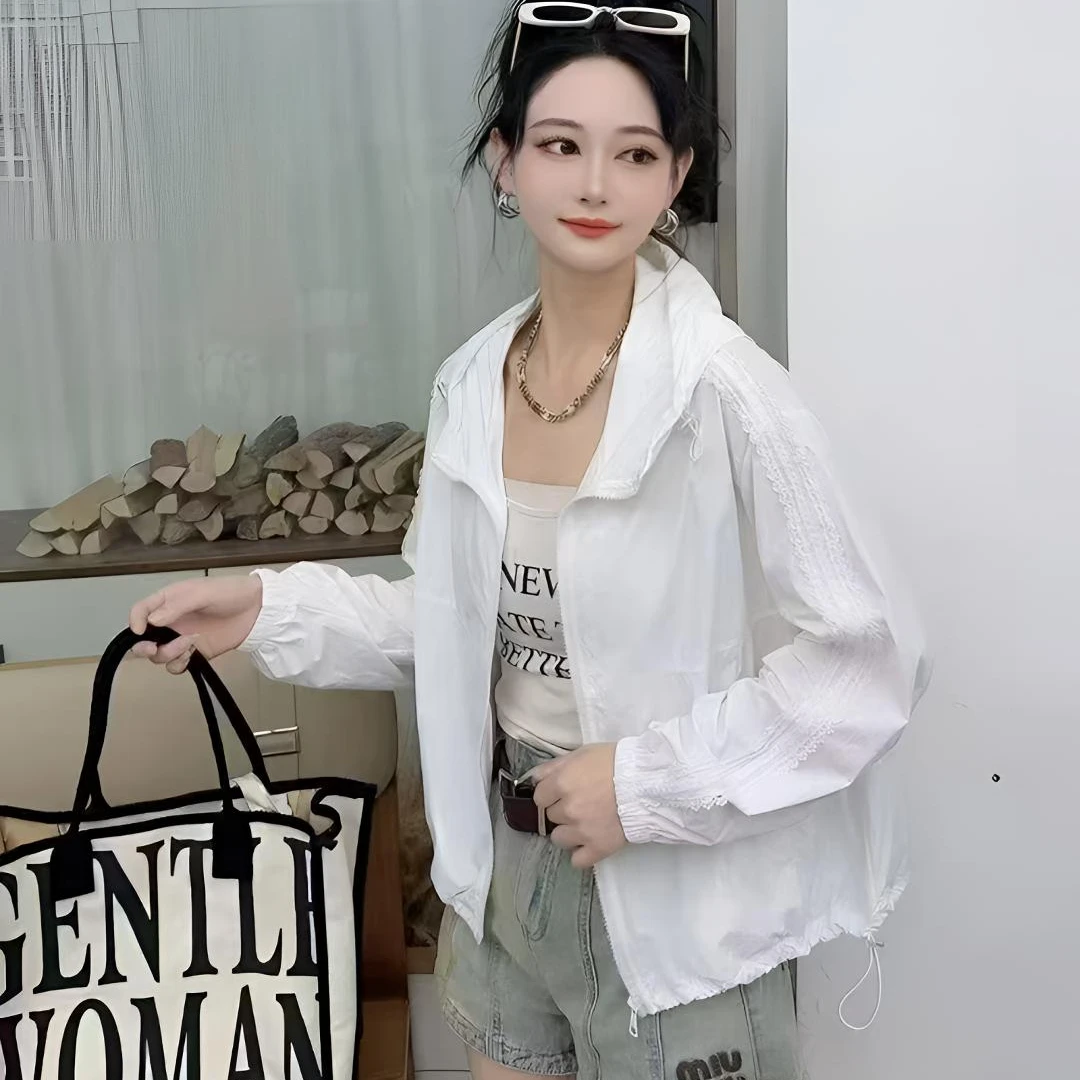 防晒衣连帽女口袋拉链外套蕾丝拼接防晒衣开衫薄款夏季百搭外套女