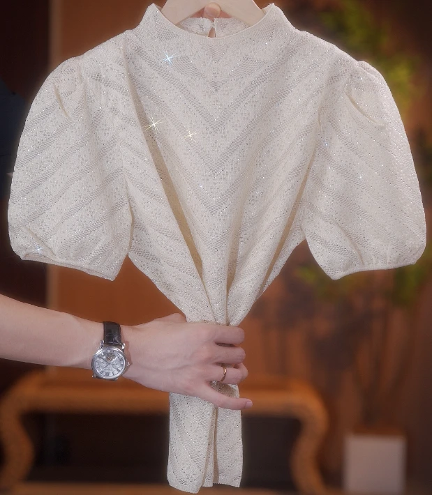 2025夏季高端时尚镶钻针织t恤女夏季新款桑蚕丝小衫薄款上衣-1212