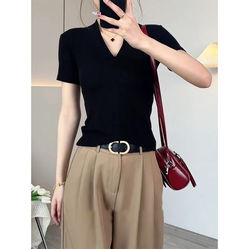 胖mm大码女装灰色V领正肩短袖t恤夏季新款修身显瘦轻熟高级感上衣
