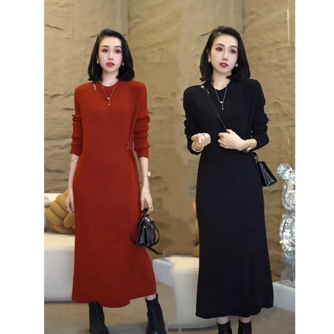 大码秋冬时尚高级感穿搭针织连衣裙胖mm收腰遮肚显瘦配大衣毛衣裙