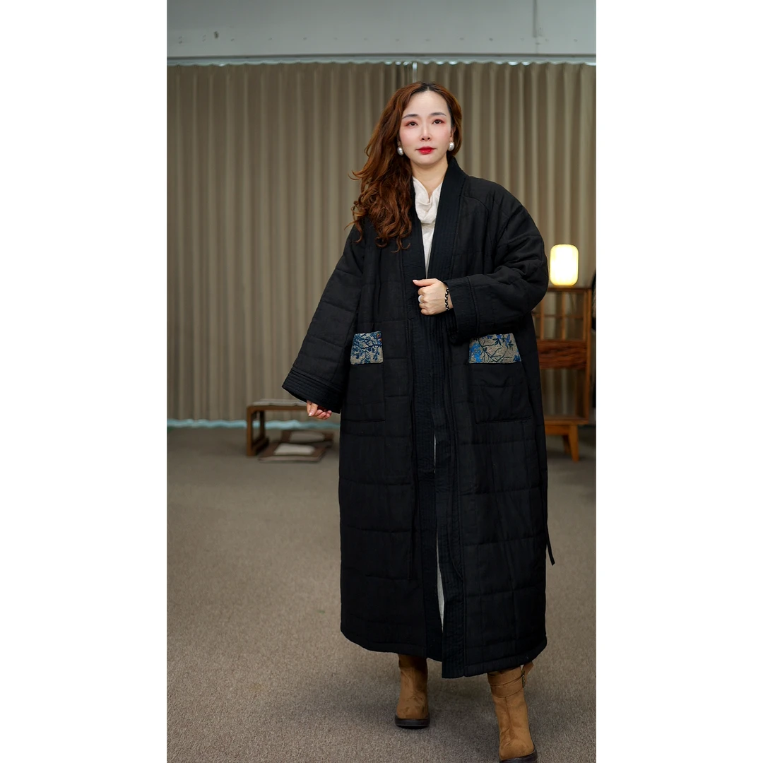 花璟与麻原创设计款撞色大口袋夹棉棉衣（衣长116胸围132)