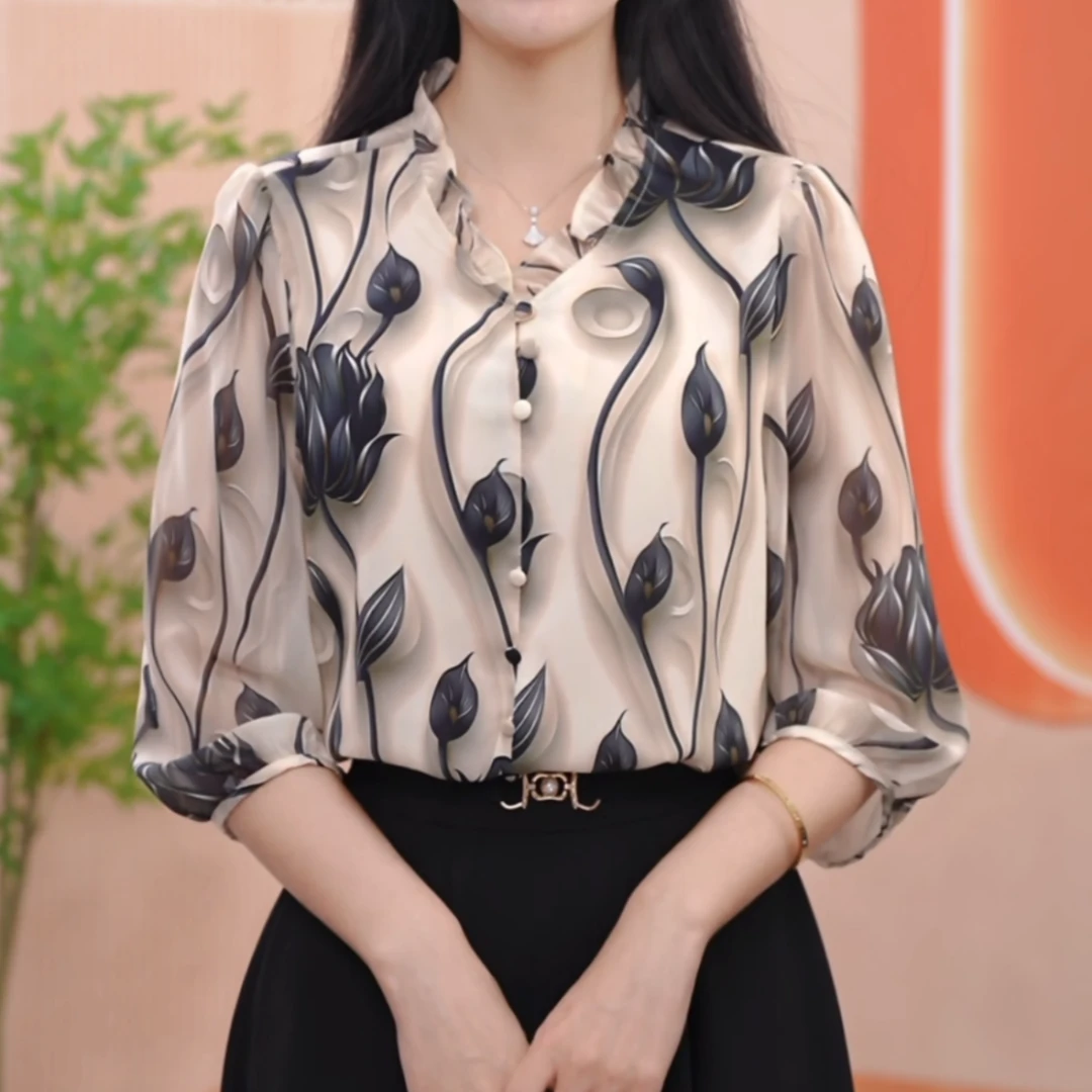 夏季套头花卉翻领印花衬衫时尚长袖女装宽松小众洋气衬衣