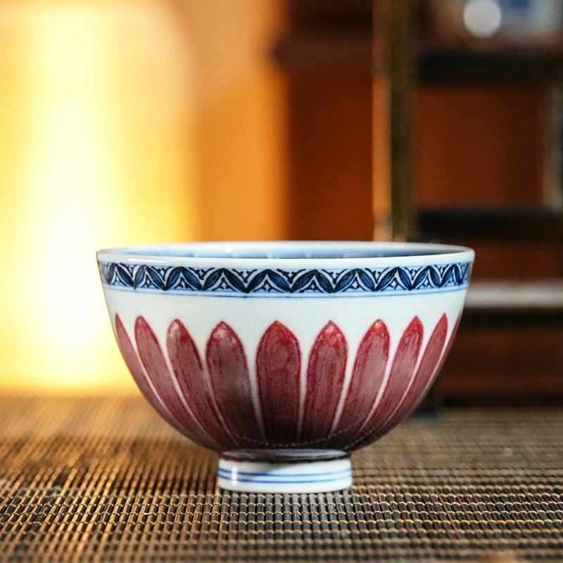 【小乔赏瓷】s景德镇手工手绘青花釉里红菊瓣鸡心杯stf18.