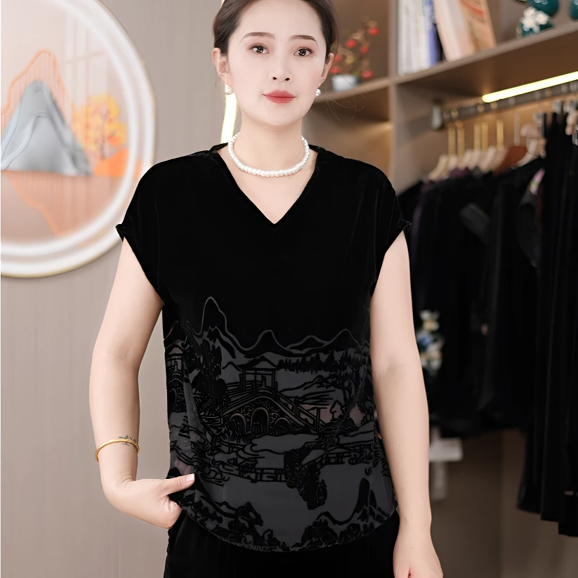 桑蚕丝时尚套装女宽松显瘦洋气百搭山水镂空雕花气质女装