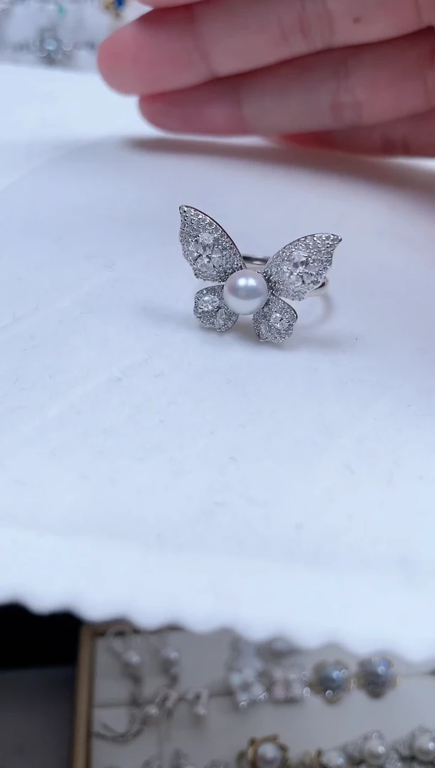 【闪购商品】海水珍珠戒指银S925镶嵌真多麻蝴蝶款珍珠戒指