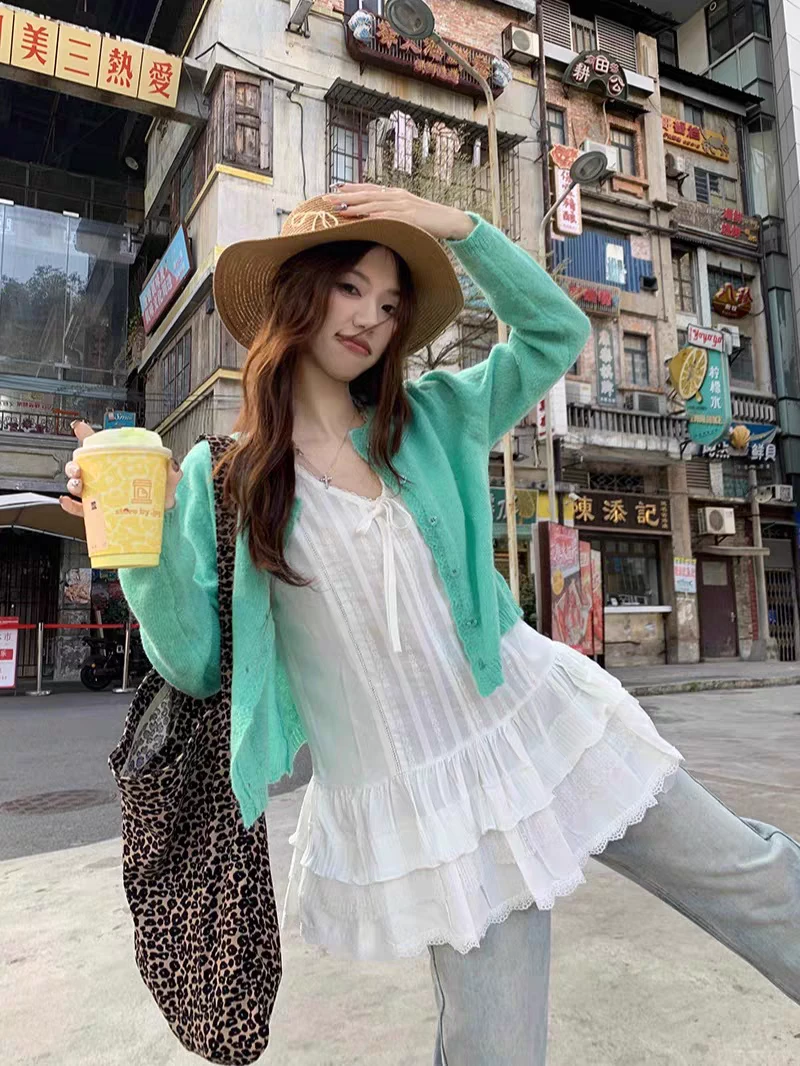 【现货】春夏甜美花边马海针织衫女春秋新款温柔系短款时尚配裙子