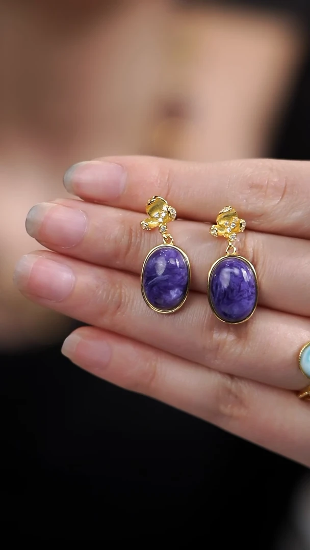 银S925镶嵌查罗石耳坠紫龙晶耳坠